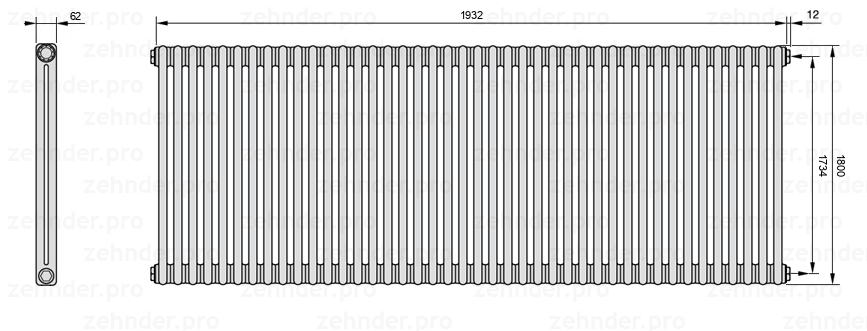 Схема (чертеж) Радиатор Zehnder Charleston 2180/42 №7610 Белый глянцевый RAL 9016